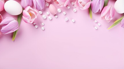  pink tulips and pearls on a pink background with a place for text.  generative ai