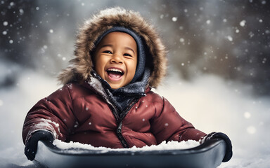 Black mixed race toddler child laughing and having fun on a snow sled - obrazy, fototapety, plakaty