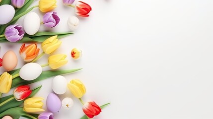  a bunch of colorful tulips and eggs on a white background.  generative ai