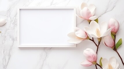  a white frame with pink flowers on a marble background with a place for a text.  generative ai