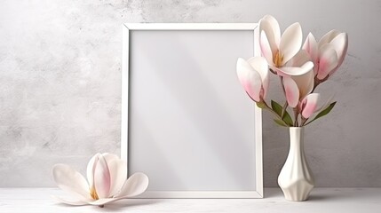  a white vase with pink flowers in it next to a white frame.  generative ai