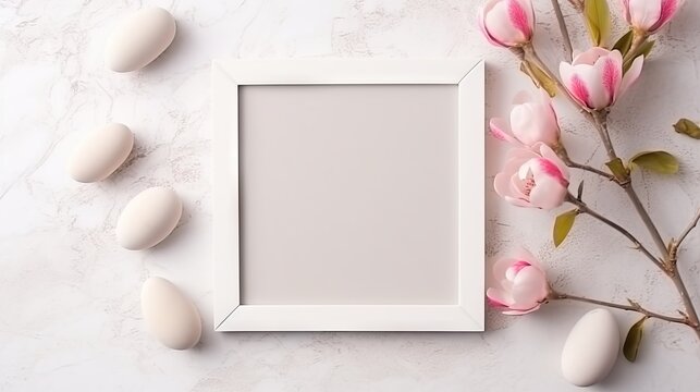  a white frame with pink flowers and eggs on a marble surface.  generative ai
