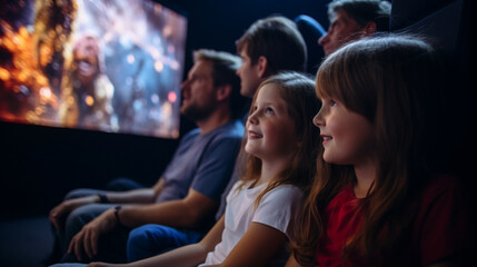 A family with kids enjoying an animated film on the big screen, blurred background