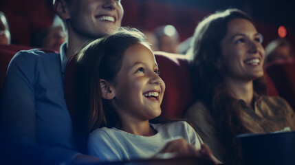 A family with kids enjoying an animated film on the big screen, blurred background