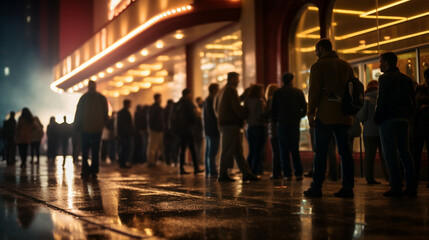 Patrons waiting in line to enter the theater, blurred background