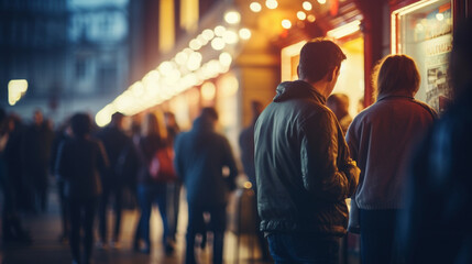 Patrons waiting in line to enter the theater, blurred background