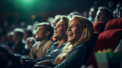 Moviegoers reacting to a thrilling scene on screen, blurred background - obrazy, fototapety, plakaty