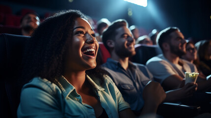 Fototapeta premium Moviegoers reacting to a thrilling scene on screen, blurred background
