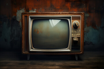 Old retro antique tv in a vintage room background wallpaper for videos with Generative AI