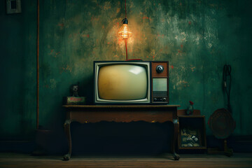Old retro antique tv in a vintage room background wallpaper for videos with Generative AI - obrazy, fototapety, plakaty