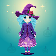 Drawing of a cute little witch with blue hair and in purple dress and hat. Magical character of Halloween in cartoon style. Isolated design element. Greeting card template, flyer, poster. Vector.