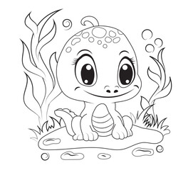 Hand-drawn cute baby dinosaur cartoon dino or baby dragon is sitting on leafy plant. Vector illustration for coloring book on white background. Drawing line contour.