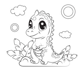 Hand-drawn cute baby dinosaur cartoon dino or baby dragon is sitting on leafy plant. Vector illustration for coloring book on white background. Drawing line contour.