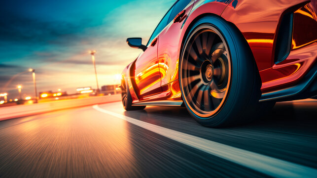 Low Angle Side View Of Car Driving Fast At Sunset With Motion Speed Effect