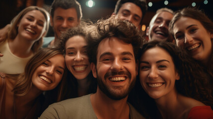 Friends taking group selfies before the movie, blurred background - obrazy, fototapety, plakaty