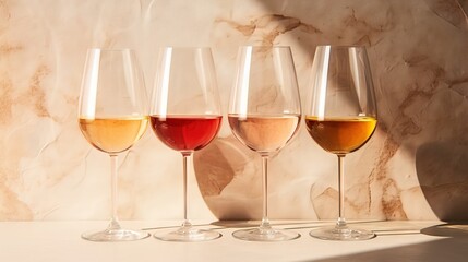  three glasses of wine are lined up in a row on a table.  generative ai