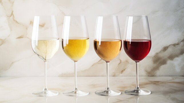  four glasses of wine are lined up on a marble table.  generative ai