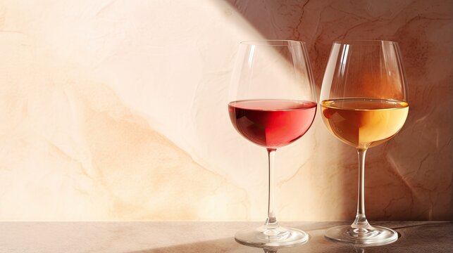  two glasses of wine are sitting on a counter top with a marble wall in the background.  generative ai