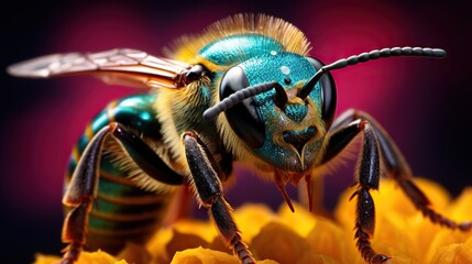  a close up of a blue and yellow bee on a flower.  generative ai