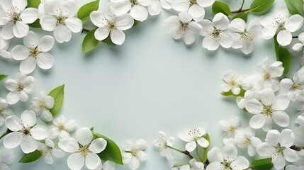  a white flower with green leaves on a blue background with space for text.  generative ai