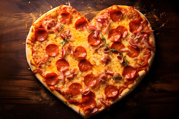 Heart shape pepperoni pizza with fresh basil on dark wooden background, top view. Romantic meal for date or Saint Valentines Day