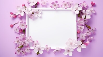  a white square frame with pink flowers on a purple background.  generative ai