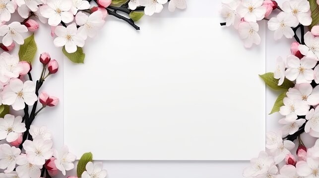  a white sheet of paper surrounded by pink and white flowers.  generative ai