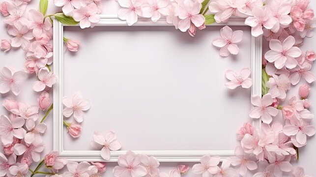  a square frame with pink flowers on a white background photo.  generative ai