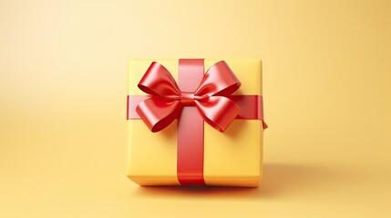  a yellow gift box with a red bow on a yellow background.  generative ai