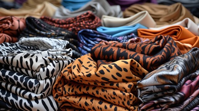 Various animal print fabrics neatly folded.