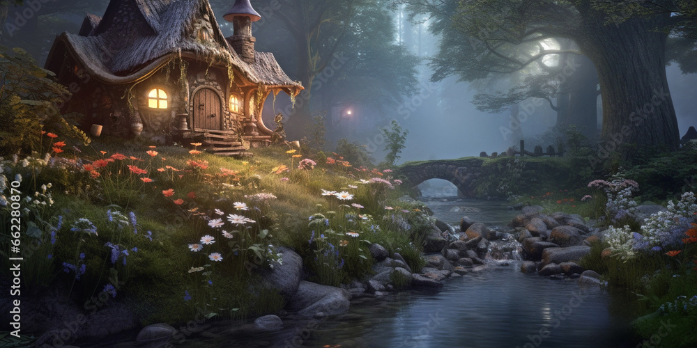 Wall mural a small fairy tale house in dark fantasy forest, miniature woodland cottage made by gnomes and troll