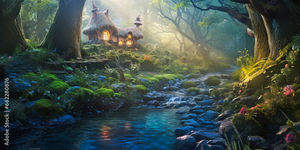 Wall mural a small fairy tale house in dark fantasy forest, miniature woodland cottage made by gnomes and troll