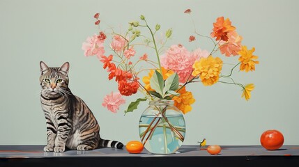  a cat sitting on a table next to a vase of flowers.  generative ai