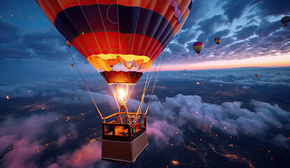 Hot air balloon heading towards the clouds in the sky. Banner