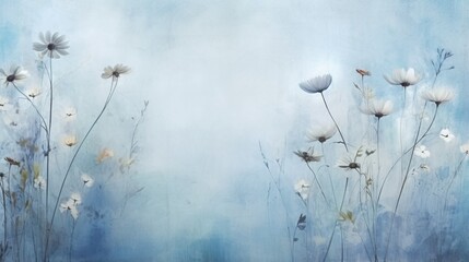  a painting of white flowers on a blue background with a sky background.  generative ai - obrazy, fototapety, plakaty