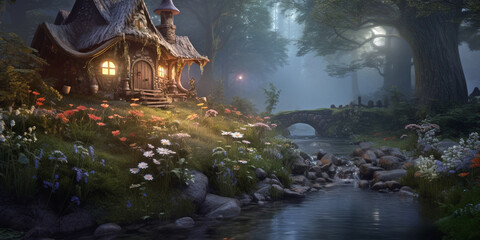 Naklejka premium A small fairy tale house in dark fantasy forest, miniature woodland cottage made by gnomes and trolls