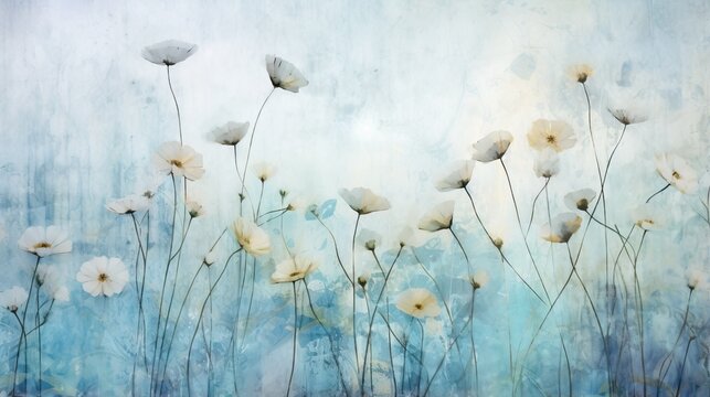  a painting of white flowers on a blue and white background.  generative ai