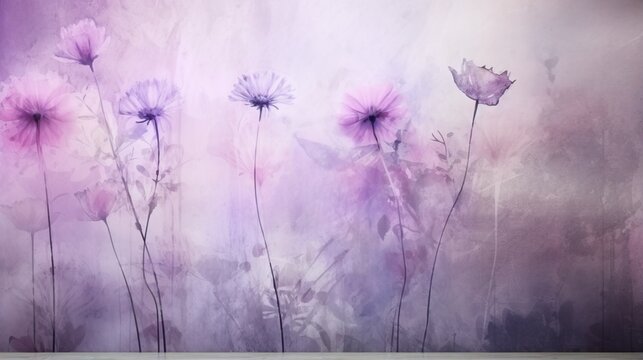 a painting of purple flowers on a purple and white background.  generative ai