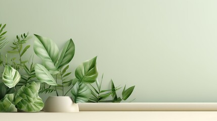  a green wall with a plant in a vase and a plant in a vase.  generative ai