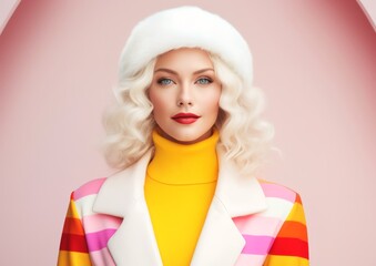 A fashion-forward woman with luscious blonde locks confidently rocks a bold striped coat and sunny yellow turtleneck, accentuating her perfect pout with a swipe of vibrant lipstick