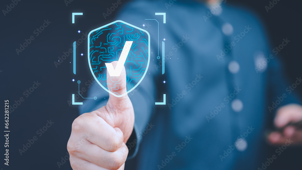 Poster user hand show the warranty identity proof icon for security protection system on virtual screen. qu