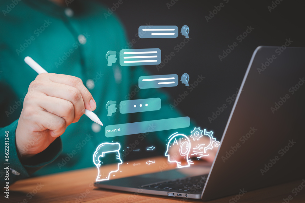 Fototapete Chat with Ai. User man chatting with a smart AI or artificial intelligence using an artificial intelligence chatbot developed. Futuristic technology transformation. Chatbot, Artificial intelligence.