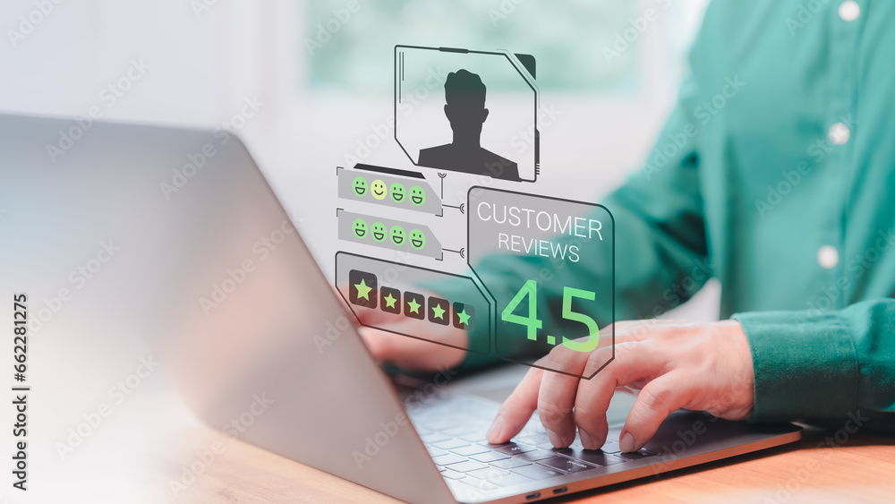 Aufkleber Male member using a computer laptop in give rating to service experience assessment on application to the shops. Online customer service review satisfaction feedback survey and testimonial.