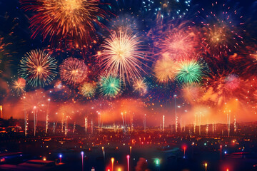 happy new year with fireworks, fireworks over the city, fireworks in the night sky, newyears new years