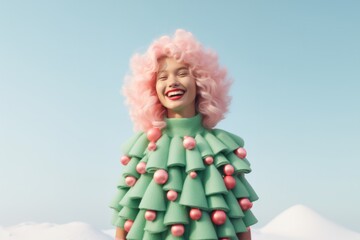 Fototapeta premium Amidst the twinkling lights and snowy wonderland, a stunning woman beams with joy in her festive attire, blending beauty and holiday spirit under the starry sky