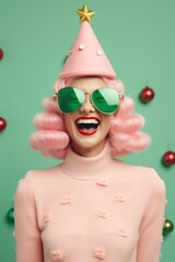 A stunning beauty adorned in a pink wig and shades, posing in front of a glittering indoor christmas tree, exuding confidence and festive vibes