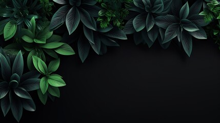  a black background with green leaves and a place for text.  generative ai