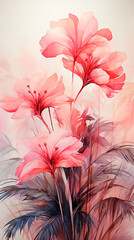 Beautiful tropical art with delicate flowers in white and light pink, serene atmosphere. Poster, watercolor drawing.