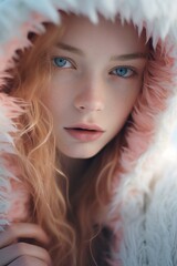 A stunning winter fashion portrait of a beautiful woman with mesmerizing blue eyes and a playful pink fur hood, radiating confidence and style with every lash and strand of hair