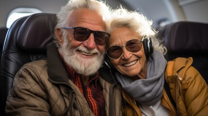 Senior couple on an airplane ready for vacation, beautiful stylish mature caucasian traditional...